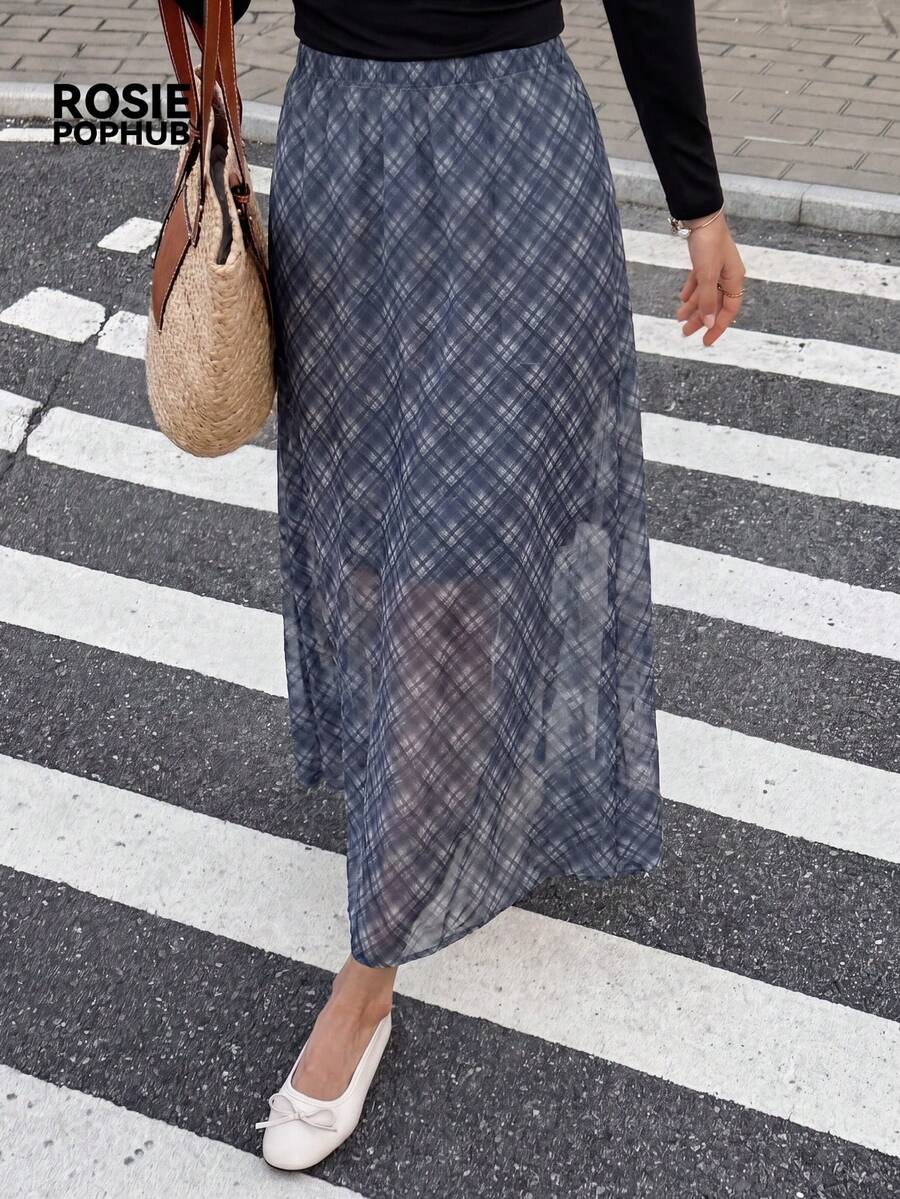ROSIE POPHUB 女士海军蓝格子复古优雅长裙，休闲百搭日常生日裙，适合上学、教师节、约会等场合，夏季新品 - 藏蓝色 - 查看 1