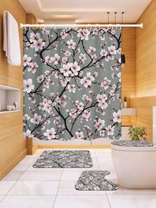 1/3/4 pièces Ensemble de salle de bain floral gris Sakura, rideau de douche imprimé vintage élégant de branches roses Sakura, imperméable et anti-moisissure, tapis de bain antidérapant doux + housse de siège de toilette + tapis en forme de U, 12 crochets inclus, convient pour toutes les saisons, décoration de la maison, rénovation locative, rafraîchissement de la salle de bain pour les fêtes, utilisation dans la douche sèche-humide, cadeau pour le réchauffe-maison/anniversaire/fête des enfants/fête des mères/fête des pères - fleurs de cerisier - Voir 9