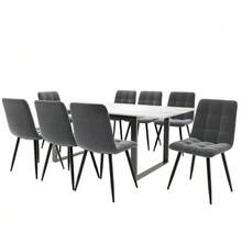 Dining Set (Dining Table 140/180 * 80 * 75 Cm With 8 Chairs), Modern Kitchen Table Set, Dining Chair In Grey Velvet, White MDF Tabletop, Black Table Legs - White - View 1