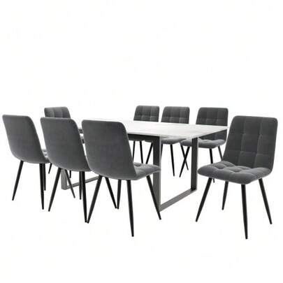Dining Set (Dining Table 140/180 * 80 * 75 Cm With 8 Chairs), Modern Kitchen Table Set, Dining Chair In Grey Velvet, White MDF Tabletop, Black Table Legs
