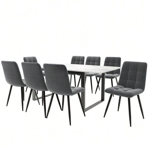 Dining Set (Dining Table 140/180 * 80 * 75 Cm With 8 Chairs), Modern Kitchen Table Set, Dining Chair In Grey Velvet, White MDF Tabletop, Black Table Legs - White - View 1