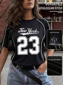 Áo thun nữ tay ngắn màu đen chất liệu cotton pha, in số 23 New York, sản xuất năm 2026, phù hợp cho người hâm mộ bóng đá tại Mỹ, Mexico, Canada, các giải vô địch bóng đá quốc tế, không khí bóng đá, trang phục thể thao thường ngày, ngày thi đấu, mùa bóng đá, phong cách thể thao mùa hè. - màu đen - Xem 1
