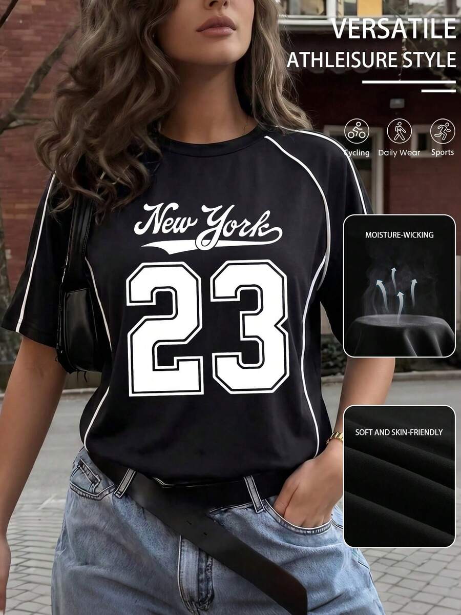 Áo thun nữ tay ngắn màu đen chất liệu cotton pha, in số 23 New York, sản xuất năm 2026, phù hợp cho người hâm mộ bóng đá tại Mỹ, Mexico, Canada, các giải vô địch bóng đá quốc tế, không khí bóng đá, trang phục thể thao thường ngày, ngày thi đấu, mùa bóng đá, phong cách thể thao mùa hè. - màu đen - Xem 1