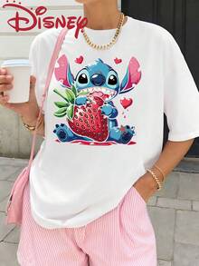 Disney Lilo&Stitch Strawberry Printed T-Shirt, Fashionable Short Sleeve T-Shirt, Comfortable Fabric, Suitable For Summer Beach And Outdoor Travel Activities - White - View 1