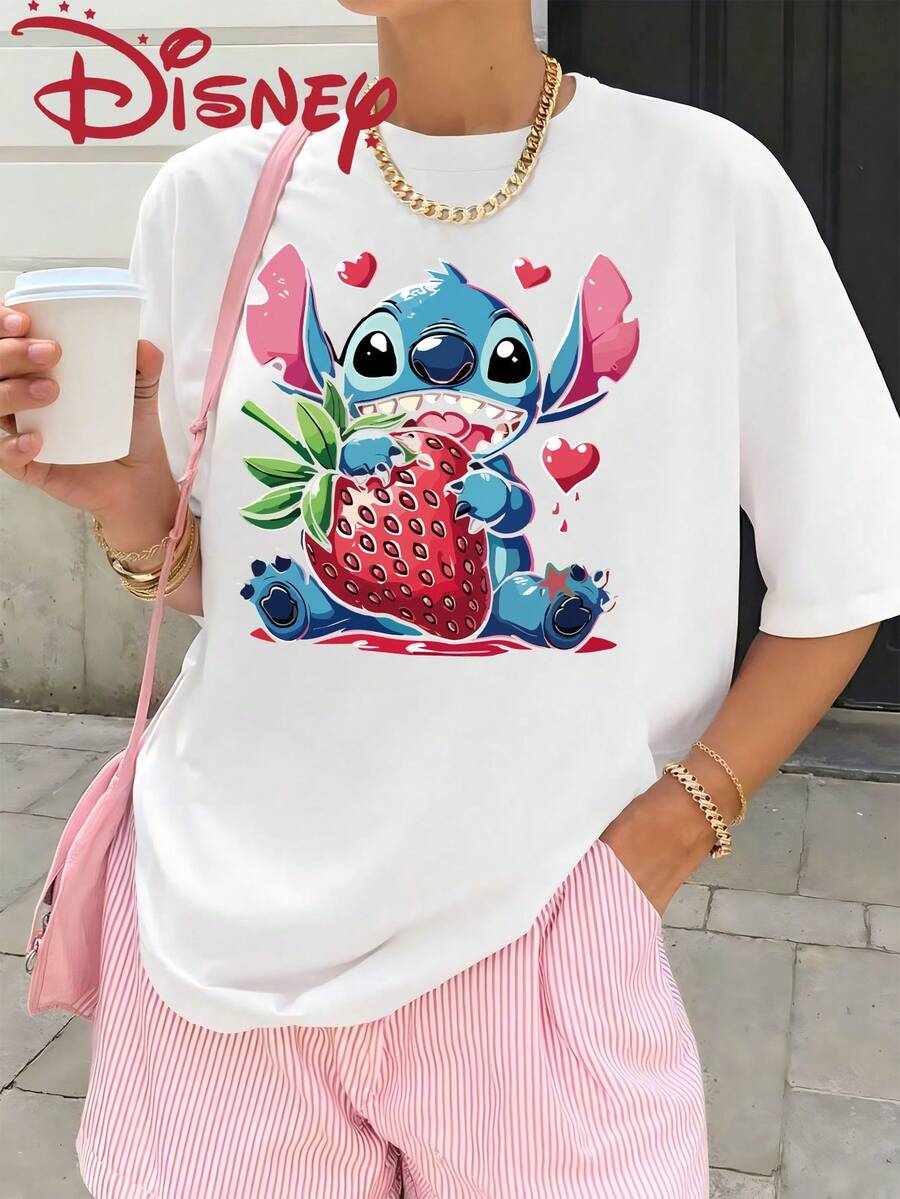 Disney Lilo&Stitch Strawberry Printed T-Shirt, Fashionable Short Sleeve T-Shirt, Comfortable Fabric, Suitable For Summer Beach And Outdoor Travel Activities - White - View 1