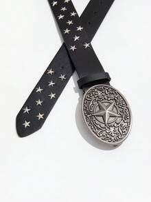 1pc Women's Engraved Metal Buckle Rivet Star Y2K PU Leather Belt, Western Style Suitable For Commuting - Black - View 3