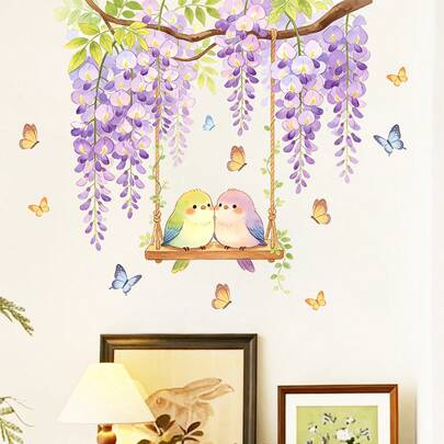 1 miếng dán tường hình hoa tử đằng tím và chim, kích thước 38cm*38cm, tự dính, không để lại cặn, thích hợp trang trí phòng ngủ, nhà bếp.