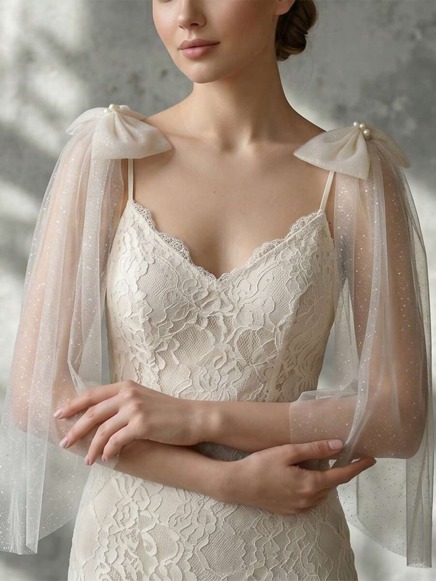 1 Pair Detachable Shoulder Shawl, With Pins, Delicate Chiffon Shoulder Decor With Bow, Suitable For Women In Autumn