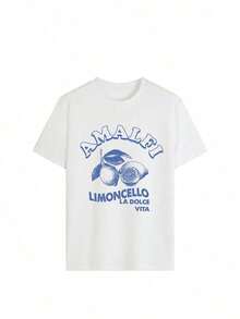 Women's Loose-Fitting Italian Holiday Style T-Shirt, Quick-Drying And Breathable, With A Round Neck And "Amalfi Lemon Wine Sweet Life" Print With Lemon Design, Viral Coastal Girl Aesthetic Style, Suitable For Beach Holidays, Cruises, Trips To Italy And As A Swimsuit Cover-Up, Casual White Color. - 白色 - 查看 2