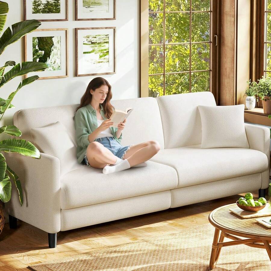 Sofás de 83" para Sala de Estar, Sofás Cómodos para Sala de Estar, Sofá Teddy, Sofá Loveseat de Montaje sin Herramientas, Sofás Loveseat de Madera, Sofá Pequeño con 2 Cojines Incluidos, Beige - Gris azulado - Ver 1
