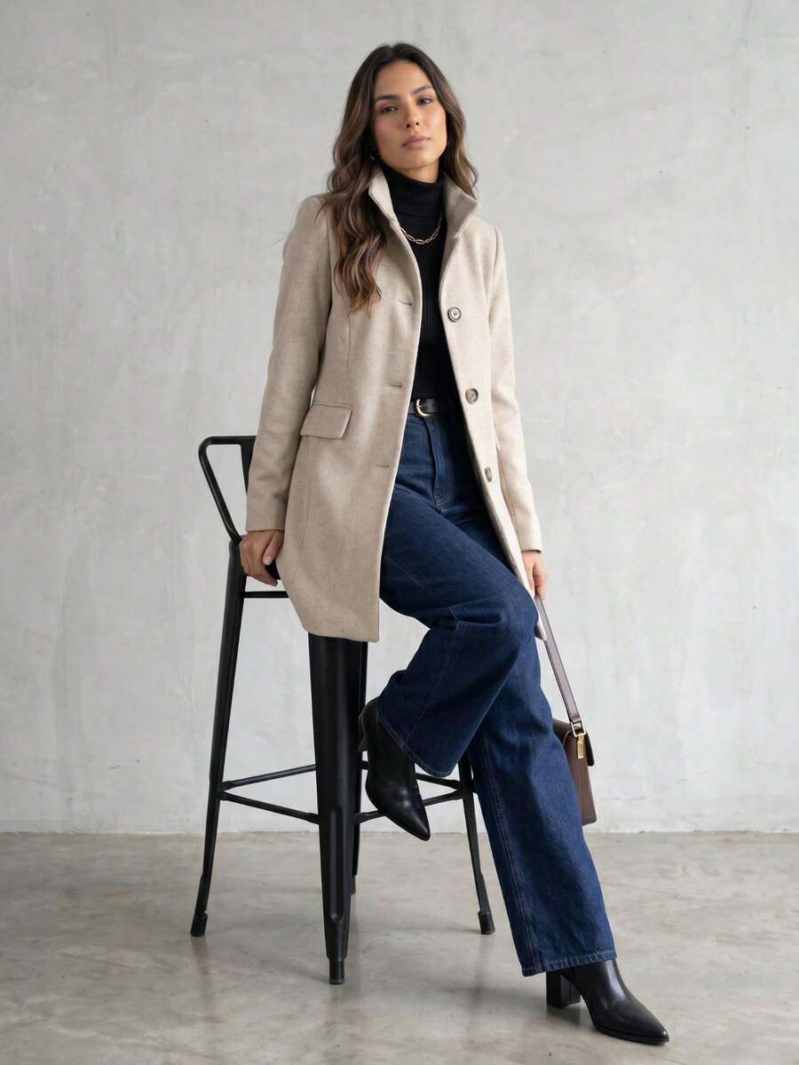 Aletheia - Women's Wool Coat, Fitted Waist, High Neck, Elegant, Lined, Winter Overcoats, Winter Coats - 米色 - 查看 1