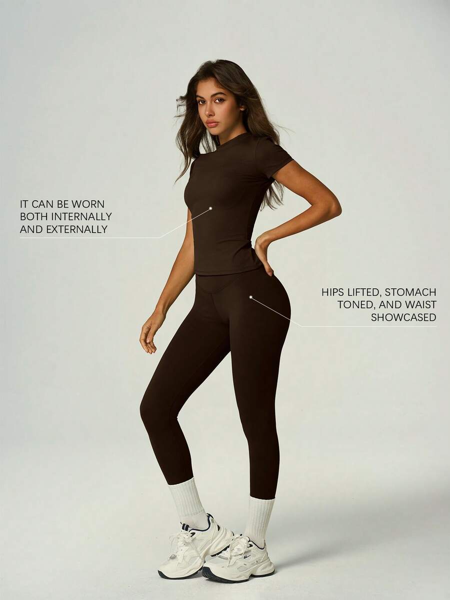 Round Neck Short Sleeve Sports Top Paired With Butt-Lifting Yoga Pants, Spring/Summer Activewear Set - Coffee Brown - View 1