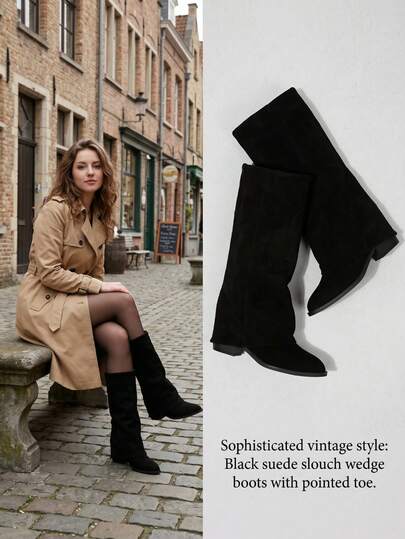 2026 Women's Fashion Versatile Folding Black Leg Boots, Solid Color Pointed Toe Mid-Calf Thick Heel Tube Boots, Commute Street Style, Autumn/Winter, Black Suede Fleece Lining, Plus Size