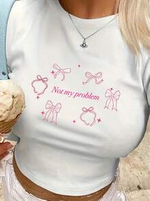 Camiseta corta con cuello redondo y estampado de lazo rosa Y2K, Top de manga corta para primavera y verano, ropa de mujer, recortada encantadora - BLANCO - Ver 1