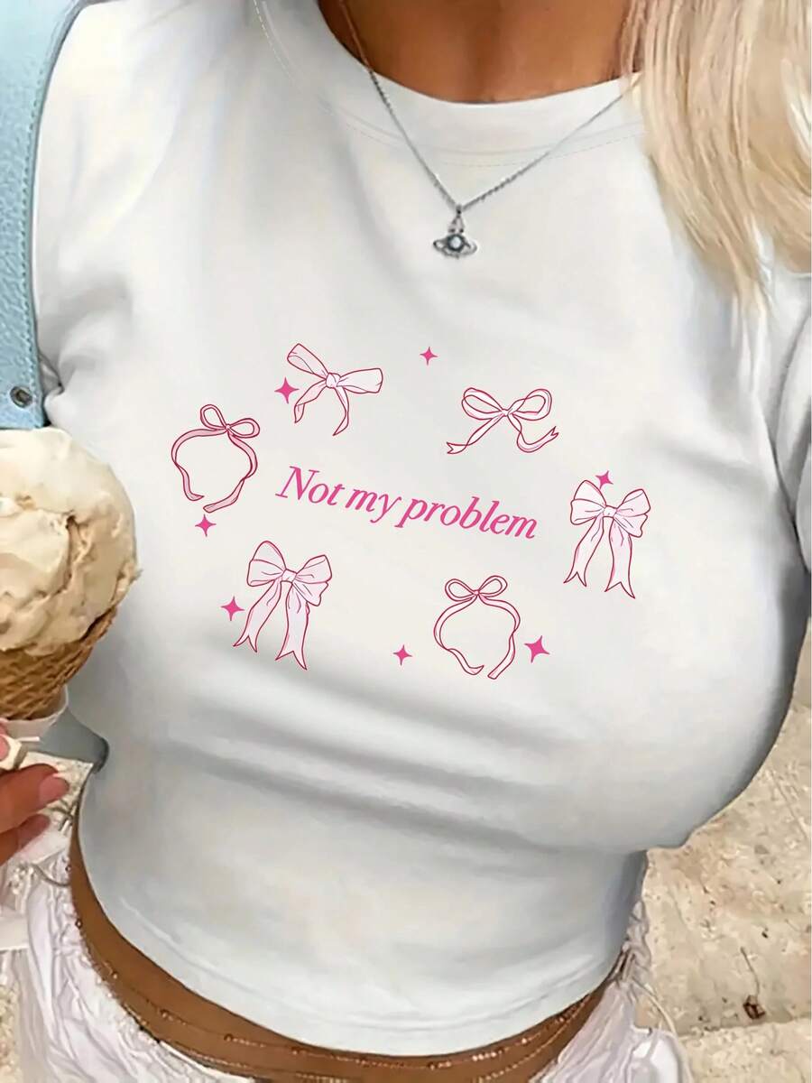 Camiseta corta con cuello redondo y estampado de lazo rosa Y2K, Top de manga corta para primavera y verano, ropa de mujer, recortada encantadora - BLANCO - Ver 1