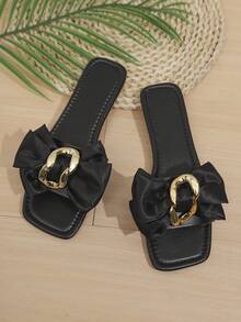 1 Pair Women's Black Elegant Satin Bowknot Slide Sandals, Summer Square Toe Flat Slippers With Gold Buckle, Versatile & Comfortable For Daily & Casual Wear - Black - View 6