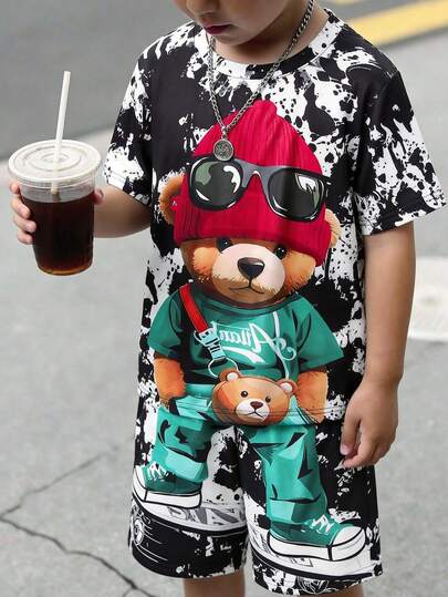 2pcs/Set Toddler Boys' Casual Daily Street Wear Retro Style Cartoon Bear Pattern Round Neck Short Sleeve T-Shirt And Splatter Print Shorts, Suitable For Spring/Summer Holidays, School, Commute, Ages 4-7, Birthday Party