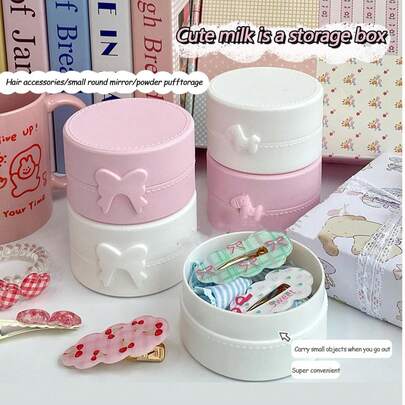 2pcs/1pc Fashion Round Plastic Jewelry Storage Box, Cute Bow Dust-Proof Accessory Display Case, Solid Color Portable Storage Box Suitable For Travel, Desktop, Dorm