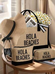大容量女士沙滩手提包，带围巾和侧袋，2个便携式化妆包，“HOLA BEACHES”印花，可重复使用的旅行购物袋和化妆包，时尚太阳镜，草编遮阳帽，节日礼品袋，非常适合度假，也适合婚礼、生日、节日、母亲节、教师节等场合，是送给女士、母亲、老师、朋友、伴娘、学生的绝佳礼物。 - 彩色 - 查看 7