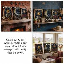 Bộ 3 tranh canvas treo tường phong cách cổ điển thiên thể, họa tiết mặt trời và mặt trăng, hoa lá, trang trí phong cách Boho huyền bí cho phòng khách, phòng ngủ và văn phòng, khung tranh tùy chọn. - Nhiều màu - Xem 5