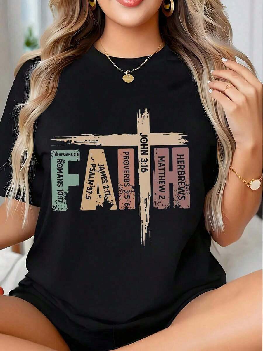 Camiseta de Mujer Cristiana con Versículo Bíblico y Referencias de las Escrituras para Inspiración Religiosa y Motivación Espiritual, 220g, blusa casual mujer, playeras de mujer algodón - Negro - Ver 1