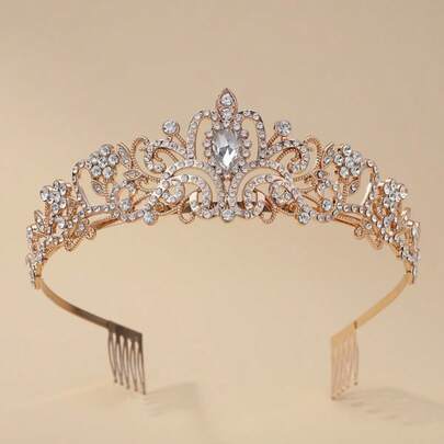 Elegant Rose Gold Crystal Inlaid Classic Baroque Diamond Crown Bridal Wedding Bridesmaid Evening Hair Accessory