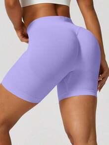 Pantalones cortos deportivos negros de verano con levantamiento y moldeado sin costuras para mujer - Morado - Ver 9