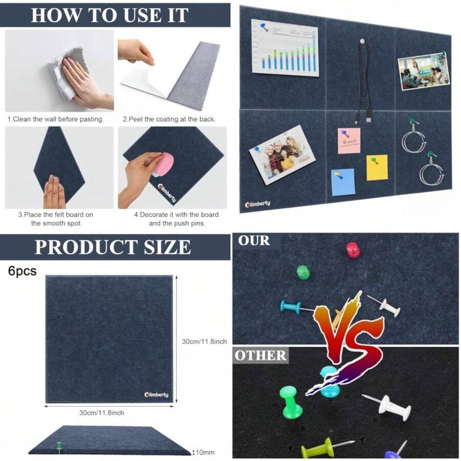 HASTHIP® SOZOMO 6 Piezas Tablero de Fieltro Autoadhesivo 30x30cmTablón de Anuncios para Pared Incluye 50 Chinchetas Paneles Fieltro para Notas Fotos Calendarios y Decoración DIY Azul - Rosa - Ver 1