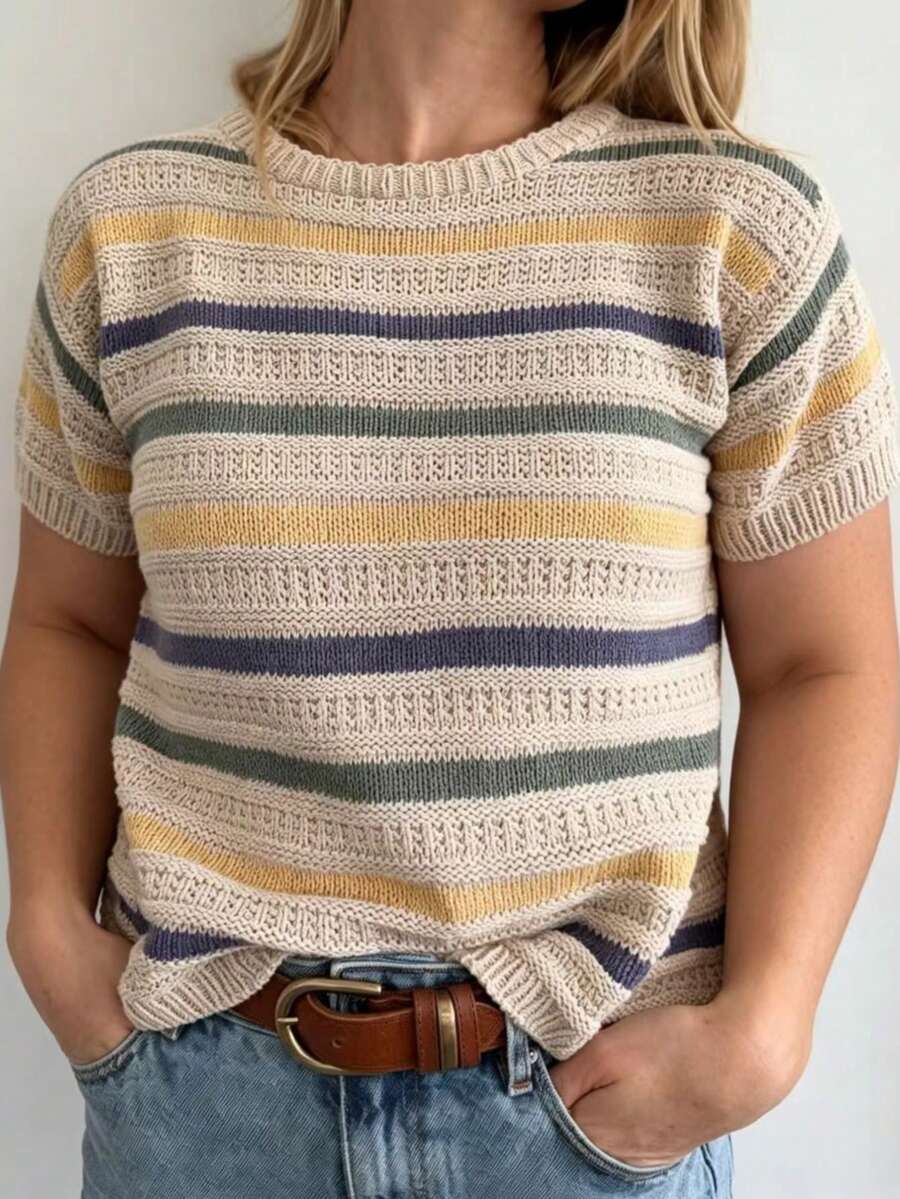 Plus Size Women's Striped Colorblock Knit Short Sleeve Top, Suitable For Spring/Summer Outfits, Daily Casual Outings And Commuting, Smart Casual - Apricot - View 1