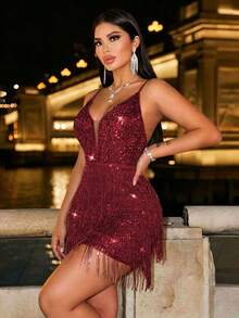 CHOSMO Glamorous Women's Short Sequin Tassel Cocktail Dress, Spaghetti Strap Backless Design Wedding Party - Burgundy - View 6