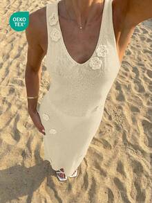 Women's European And American Spring/Summer Vacation Sexy Sheer Lightweight 3D Floral Design Sleeveless Dress Beach - Apricot - View 2