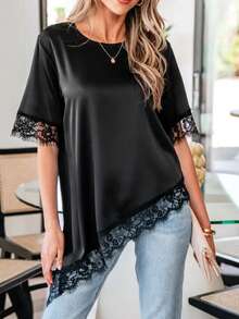 High-Low Hem Lace Stitching Elegant Women Top Black Summer - Black - View 2