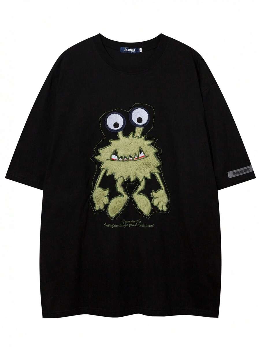 Camiseta de manga corta con estampado de pareja de dibujos animados retro americano, unisex, marca de moda hip-hop, de algodón puro, para verano. - Negro - Ver 1