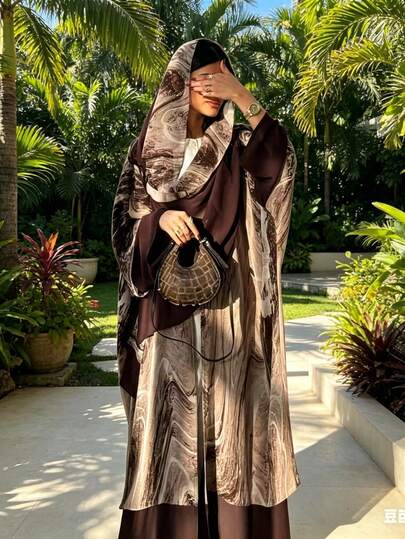 1pc Fashion Bright Chiffon Elegant Vacation Comfortable Loose Long Sleeve Solid Color Simple Breathable Casual Women Abaya Dress.