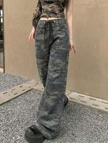 女士迷彩中腰直筒宽松抽绳休闲牛仔裤，春夏秋季款 - 軍綠色 - 查看 5