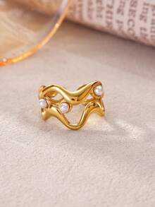 1 pieza Anillo abierto minimalista de acero inoxidable para mujer, anillo dorado, anillo ajustable abierto para el dedo, anillo de mujer, joyería de fiesta, accesorios de moda para mujer, accesorios para uso diario - Multicolor - Ver 4