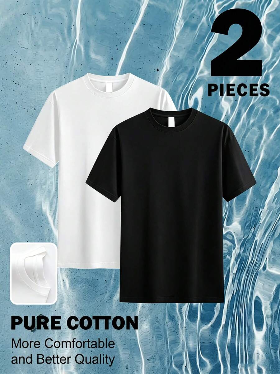 2pcs Men's & Women's 100% Cotton T-Shirts - Moisture-Wicking Breathable Summer Crew Neck Tees, For Outdoor Sports, Beach & Casual Wear - Unisex Solid Color Short Sleeve Shirts, Summer T Shirts, Classic Round Neck, Active Lifestyle, Minimalist Style, Durable Construction, Men And Women - 1 Black&1 White - 查看 1