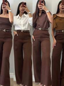 Pantalones casuales de pierna acampanada con diseño minimalista para mujer, adecuados para ir al trabajo, la oficina, uso diario, todo el año, color negro primaveral - Marrón - Ver 6