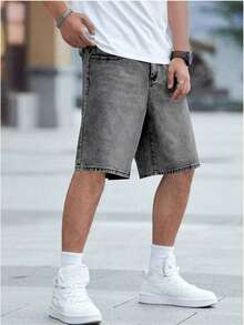 Jungen Lässig Gerades Bein Denim Shorts, modischer Campus Stil Streetwear - Grau - Übersicht 3