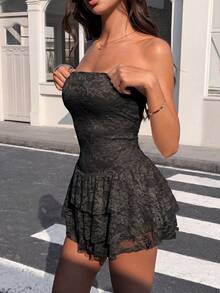Dila Polly 2026 夏季女款純色蕾絲修身抹胸性感迷你洋裝，可愛黑色抹胸迷你洋裝配荷葉邊裙襬與內建短褲，適合春季出遊、旅行度假、田園下午茶、女友聚會、週末出遊、秋季/四季穿著 - 黑色 - 查看 9