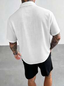 Camisa de manga corta con botones y estampado de letras en mezcla de lino blanco para hombres GloMan, transpirable para verano, uso diario, vacaciones, atuendo de oficina, diario, esposo/novio - Blanco - Ver 5