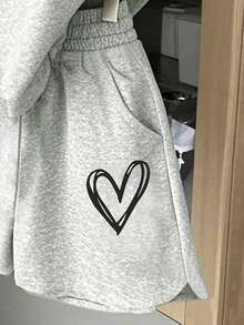 Youth Girl Heart Print Round Neck Short Sleeve T-Shirt And Shorts - Grey - View 6