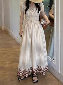 Vestido largo de línea A con mangas abullonadas y bordado en la cintura, estilo urbano y chic para primavera/verano. Atuendo para brunch, invitada de boda, estilo bohemio, outfit para Año Nuevo/Día de San Valentín, elegante, ropa de playa, outfit para Acción de Gracias, vestido de graduación - Café - Ver 3