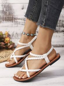 Sandal đế bằng quai chéo đan chéo dành cho nữ, sandal đế bằng da PU kiểu bohemian thời trang đi biển, sandal mùa hè - trắng - Xem 2