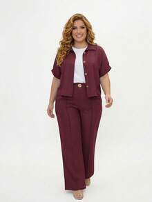 Women's Plus Size Casual Shirt And Pants Set - 酒紅色 - 查看 1