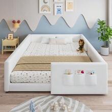 Upholstered Children's Bed, PU Material, With 3 Practical Storage Pockets, Framed Design, Modern And Minimalist, PU + Plywood, White, 140x200cm - White - View 4