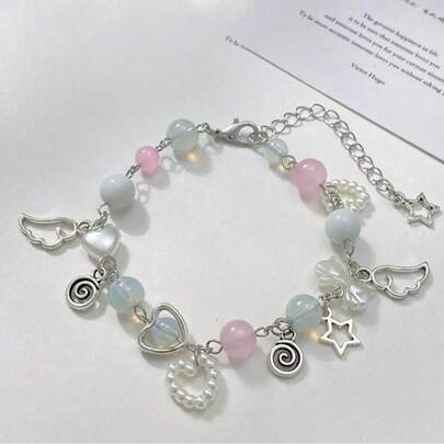 1pc Y2K Fashion Natural Pearl Handmade Metal Heart Beaded Bowknot Wing Swirl Bracelet, Suitable For Women's Daily Wear And Parties, Korean Angel Bracelet