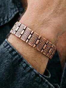 1 Set Vintage Fashionable Adjustable Double-Row Magnetic Bracelet + Ring For Men, Gift Box Packaging, Suitable For Daily Wear, Festivals, Etc. - Bronze - View 3
