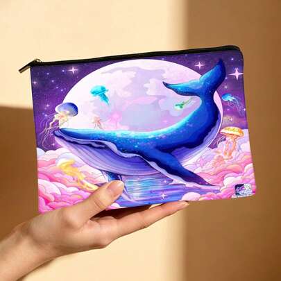Starry Night City & Whale Print Cosmetic Bag, Aesthetic Fantasy Zipper Pouch, Large Capacity Makeup Organizer