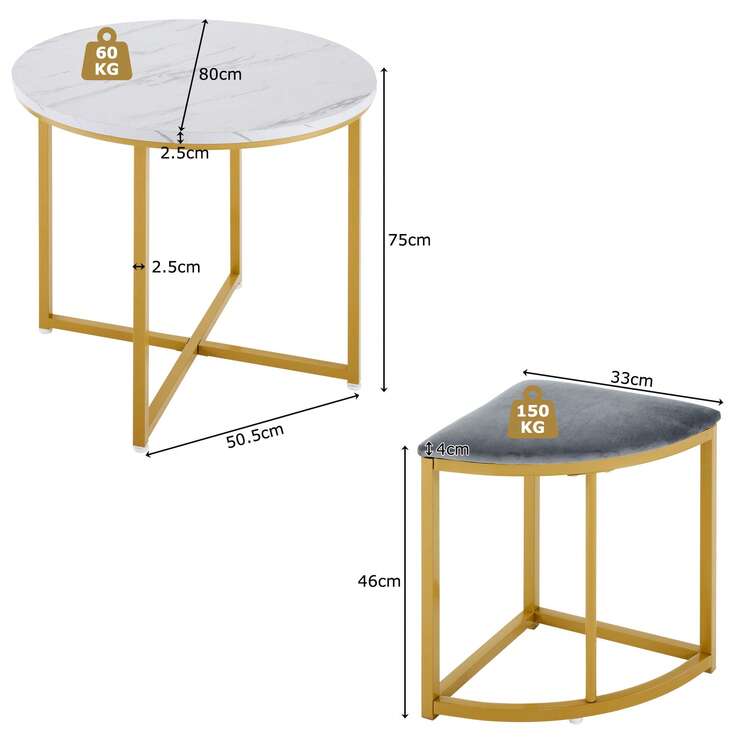 Dining Table And Chair Set, With MDF Tabletop And Gold Iron Frame, Velvet Chairs, Modern And Luxurious Style, Grey - 白色+灰色 - 查看 10